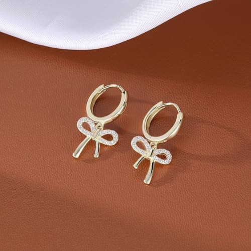 Reffeer Solid 925 Sterling Silver Bow Drop Hoop Earrings for Women Teen Girls Bowknot Hoop Earrings Huggie Ribbon Earrings thumbnail 4
