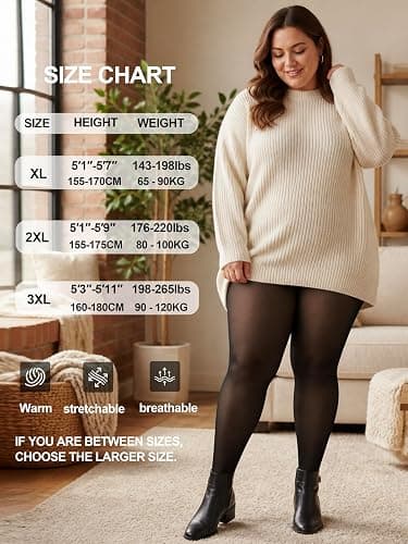 CozyWow Women's Plus Size Fleece Lined Tights, Faux Sheer | Fake Translucent, Thick Warm Thermal Tights for Winter, Plus-size Curve fit 1X–3X, Comfortable for All Day Wear thumbnail 4