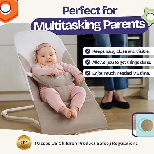 ComfyBumpy Portable Baby Bouncer, Organic Cotton, 3-Position Recline | Breathable Mesh Sides, 8-20 lbs Babies, Foldable Design, 3-Point Harness, Travel Carry Case (Taupe) thumbnail 3