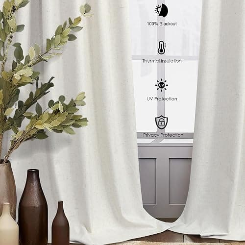 Cream Linen Blend Blackout Curtains 84 Inch Long 2 Panel Back Tab Thermal Insulated Light Blocking Curtain for Living Room Black Out Drape for Bedroom Neutral Rustic Farmhouse 52x84 Length Ivory White thumbnail 7