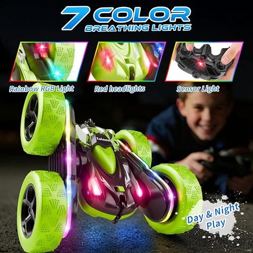 Zalneo Remote Control Car – 4WD 360° Flip Double‑Sided RC Stunt Car LED Light Bar & USB‑C Modular Battery, Off‑Road Toys for Boys Ages 6‑12, Birthday Gift, Black‑Green thumbnail 4