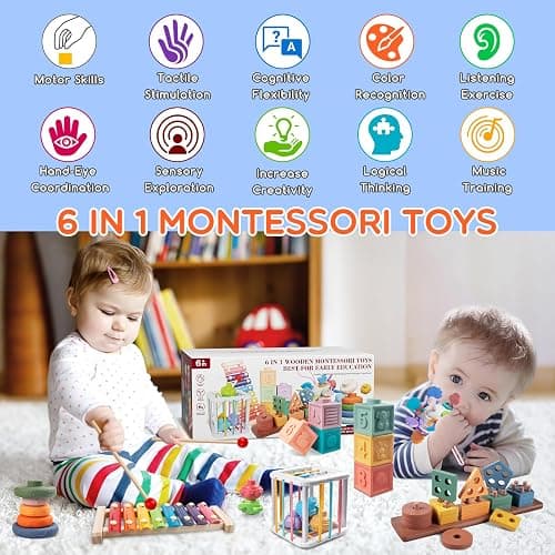 Wuzhineisn Montessori Baby Toy Sorting Stacking Learning Toys Wooden Building Blocks, Xylophone Musical, Infant Teethers Toys for Baby, 6 in 1 Toy Birthday Gifts for Toddlers thumbnail 2