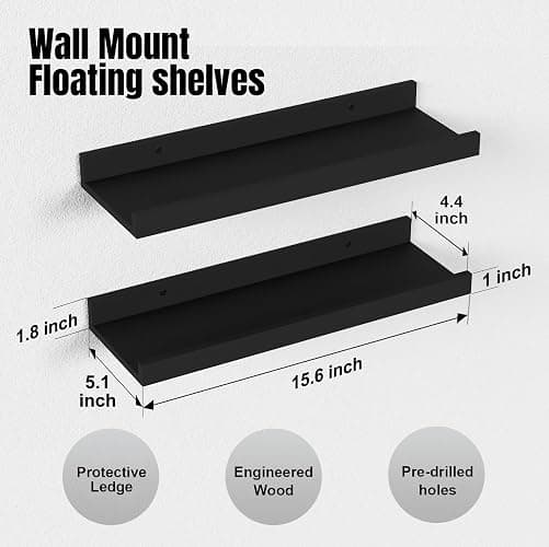 Boswillon Floating Shelves Wall Mounted Set of 2, Modern Black Wall Shelves for Storage with Lip, Display Picture Ledge Shelf for Wall Decor Bedroom Living Room Bathroom Kitchen thumbnail 3