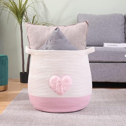 childishness ndup Large Cotton Rope Basket, Woven Storage Basket for Toy, Laundry and Blanket Organizer Basket, Round Hamper Basket with Handles for Kid's Room 17.7"x16.9" (Pink Heart) thumbnail 4