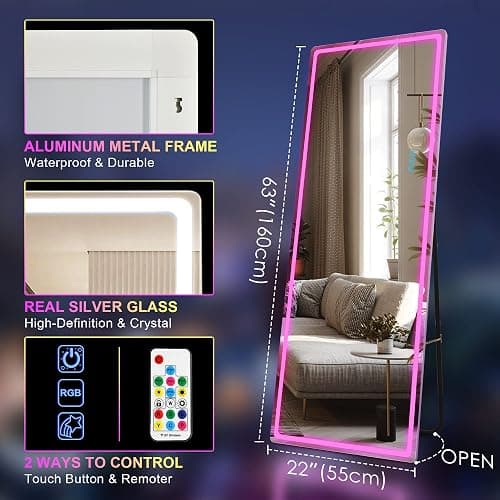 LVSOMT 63 X 22 Full Length Mirror with Lights, RGB Large Wall Mirror Full Length, Standing Full Body Dressing Mirror Wall Mounted Mirrors for Bedroom Living Room Cloakroom, White thumbnail 7
