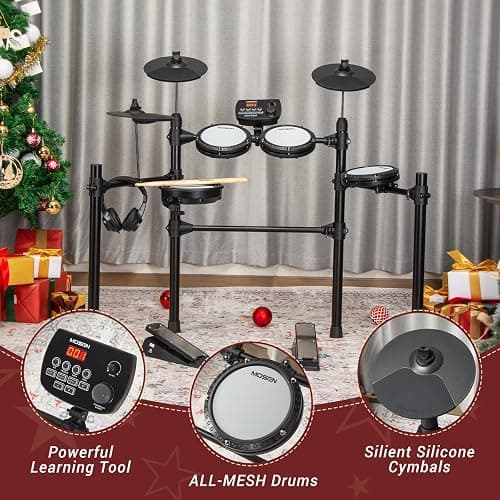 MOSEN Electric Drum Set with 4 Quiet Mesh Drum Pads, Cymbals, Sticks, Headphones, USB MIDI, Kick Pedal, 195+ Sounds and 25 Drum Kits for Beginner MED-X3 - Image 1
