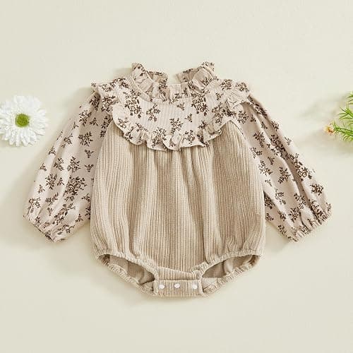 Baby Girl Bubble Romper Flower Print Long Sleeve Corduroy Bodysuit Smocked Jumpsuit Infant One Piece Fall Outfit thumbnail 3