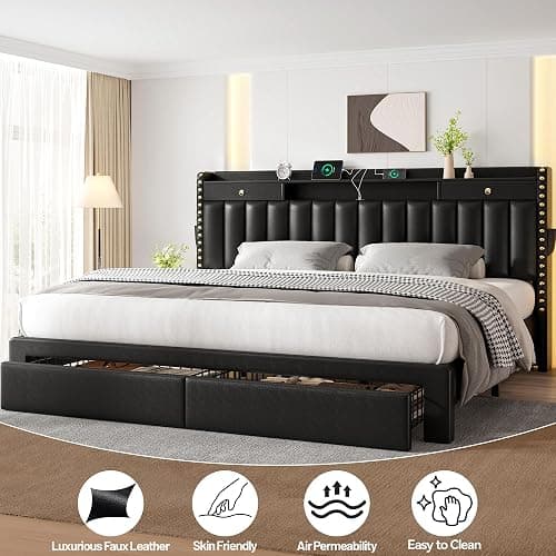 CypBed King Size Bed Frame with Headboard & 4-Storage Drawers, Upholstered | PU Leather Bed Frame with 3 USB & Type-C Charging Ports,Solid Wood Slats,No Box Spring Needed,Noise-Free,Black,Gift thumbnail 4