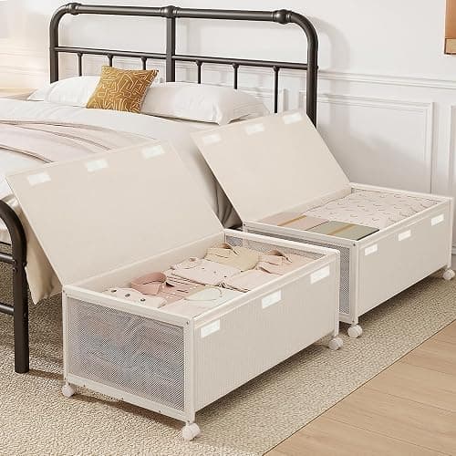 Fokyfok 2PC Under the Bed Storage Containers,12 inch Height Under Bed Shoe Storage,31inch Long Underbed Storage with Wheels,Large Rolling under bed Clothes Storage Drawers with Lid for Dorm Tall,Ivory - Image 1