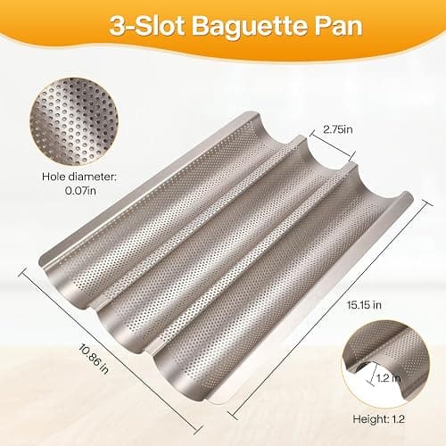 Barlket Baguette Bread Pan, Perforated French Bread Pan, Nonstick Bread Pans for Baking, with Baguette Kit – Includes Proofing Cloth & Dough Cutter, 15x11 Inch Gold, 3 Loaf thumbnail 2