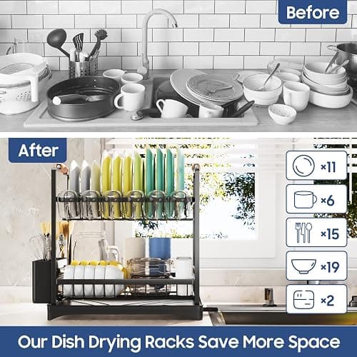 PXYHMUS 2-Tier Large Dish Drying Rack for Kitchen Counter with Drainboard and Cutlery Holder, 2 Tier Dish Drying Rack, Black,16.54" D x 11.81" W x 17.71" H thumbnail 3