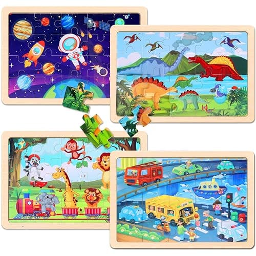 Wooden Educational Jigsaw Puzzles for Preschool Kids Ages 3-5, 4-Pack with 20 Pieces Dinosaur, Space, Transportation Wood Puzzles Set, Toddler Brain Teaser Toys, Gifts for Boys Girls Ages 3 4 5 6 thumbnail 4
