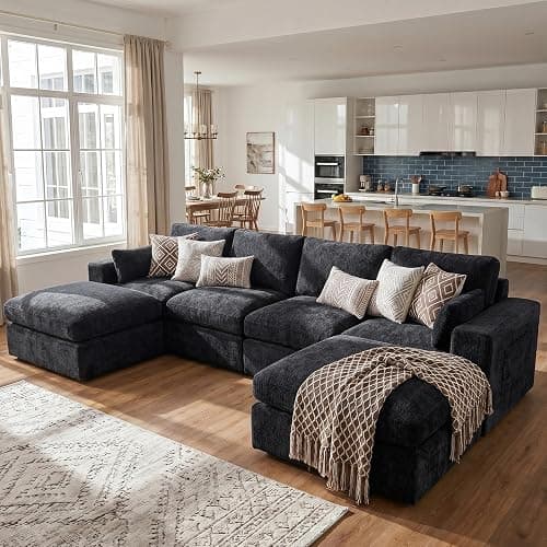 Vellorise 136" Cloud Modular Sectional Sofa with Detachable Comfort Seat Cushion, U-Shaped Convertible Boneless Couches for Living Room, Rearrange Freely, No Assembly, Misty Black, 6-Seater Ensemble thumbnail 4
