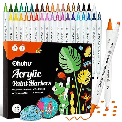 Ohuhu Acrylic Paint Markers Cotton-core: 36 Colors Dual Tips (Fine & Dot) Paint Pens High Opacity Acrylic Markers Waterproof Lightfast for Rock Painting Easter Eggs Wood Glass Ceramic Canvas - Fine & Dot