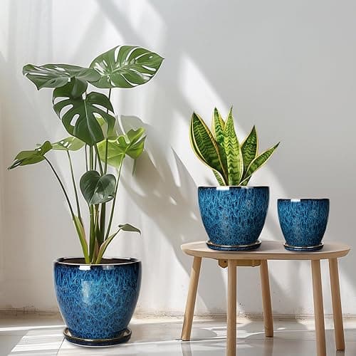 EPFamily Plant Pots Indoor, Ceramic Planters Pots with Drainage Holes and Saucers, 10+8+6 Inch, Set of 3, Round Large Flower Pots for Indoor Outdoor Plants, Blue thumbnail 2