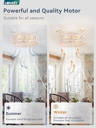 LEDIARY 23 Inch Caged Flush Mount Ceiling Fans with Lights, White Gold | Low Profile, Farmhouse, Bladeless Enclosed Fandelier, Small, 6 Speed, Quiet Powerful DC, Bedroom, Kitchen, Living Room, thumbnail 4