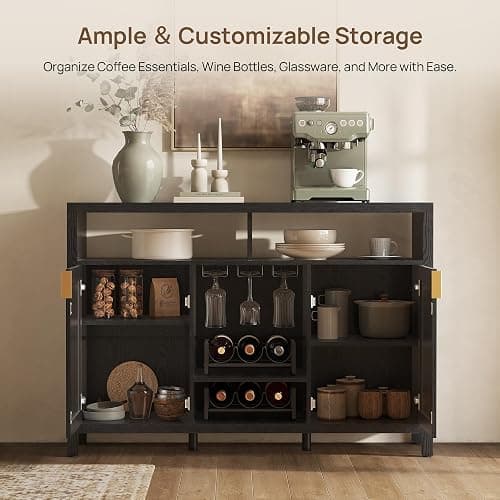 SICOTAS Rattan Coffee Bar Cabinet with Wine Racks & Metal Stemware Holders | 51" Sideboard Buffet Cabinet with Storage, Modern Liquor Cabinet Boho Credenza Buffet Table for Living Dining Room, Black Oak thumbnail 5