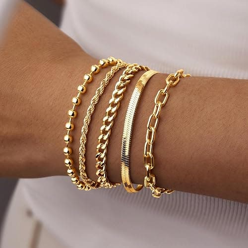 Gold Bracelets for Women,Dainty Bracelets Set for Women Trendy, Gold Bracelets Stack With Beaded, Cuban, Paperclip, Heart, Snake, Rope, Pearl, Cross, Hand Chain, Silver Jewelry Gifts for Women thumbnail 2