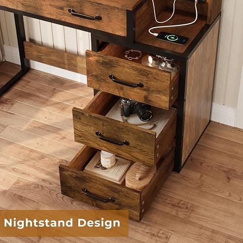 Tiptiper Vintage Makeup Vanity with Lights in 3 Colors, Vanity Table with Charging Station of 2 USB Ports and Outlets, Vanity Desk with Large Mirror, Drawers and Shelves, Rustic Brown and Black thumbnail 7