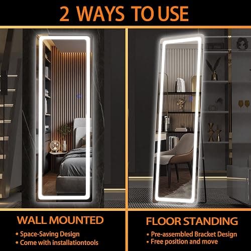 Hasipu Full Length Mirror with Lights, 56" x 16" LED Floor Mirror, Full Body Dressing Standing, Hanging Mounted Mirror for Living Room Bedroom Cloakroom, Round White thumbnail 6