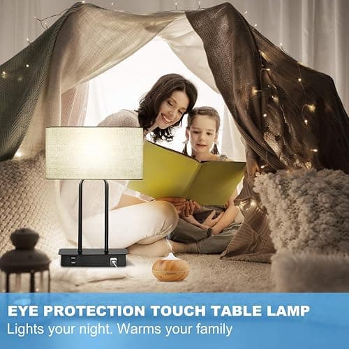 Bedside Touch Control Table Lamp with Dual USB Charging Ports 1 AC Outlet, 3 Way Dimmable Modern Nightstand Lamp with Cream Fabric Shade, Desk Lamp for Bedroom Living Room Office with 5000K LED Bulb thumbnail 9