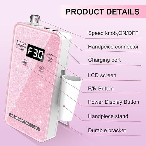 Professional Electric Nail Drill File:COSYGLOW Glitter Portable Cordless E-File Nail Drill Kit with 11 Drill Bits,30000 RPM Rechargeable Nail Drills Machine for Acrylic Nails Gel Polishing (Pink) thumbnail 9