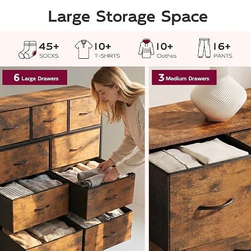 WLIVE Tall Dresser for Bedroom, 9 Drawer Chest of Drawers, Rustic Brown | 9 roomy fabric drawers, Tall storage design, Bedroom or closet use, Sturdy steel frame, Smooth wood tabletop thumbnail 7