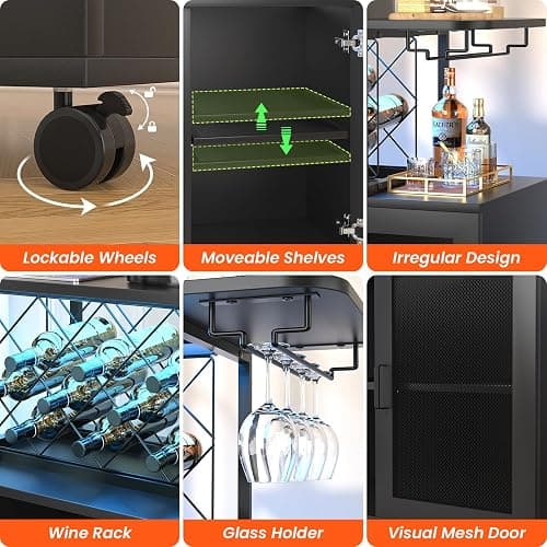 Girapow Small Bar Cart with Wheels, Liquor Cabinet with LED Light, Wine Bar Cabinet with Power Outlets, Home Mini Bar with Wine Rack, Glasses Storage for Kitchen, Dining Room, Living Room, Black - Black thumbnail 6