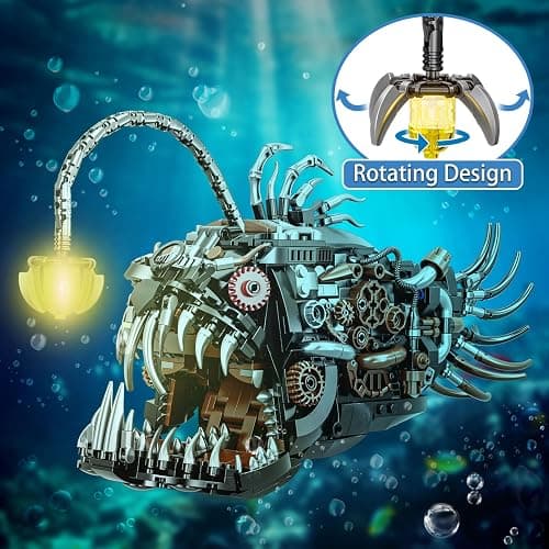 PLAYBRIX Mechanical Lantern Fish Building Sets for Adults, Compatible with Lego, Creative Ocean Animal Toy for Home Office Decor, STEM Gift for Boys 8-14 thumbnail 4