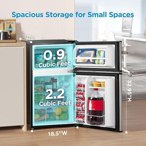 Midea WHD-113FSS1 Double Door Mini Fridge with Freezer for Bedroom Office with Adjustable Legs Removable Glass Shelves Compact Refrigerator, 3.1 cu ft, Stainless Steel thumbnail 2