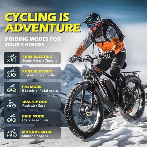 Electric Bike for Adult, 32Ah 52V Dual Motor Ebikes, 51MPH Peak 5000W Electric Bike Fastest Ebike, 130 Miles Electric Bicycle, 26” Fat Tire Mens E Bike, Hydraulic Disc Brake, Front Suspension 7 Speed thumbnail 5