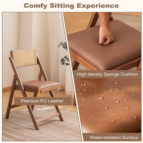 SOBIBO Wood Folding Dining Chairs, Padded Seat, Set of 2, Coffee & Walnut | Solid Wood Frame, Rattan Backrest, 600lbs Capacity, No Assembly Required, Mid Century Modern for Dining Room, Balcony, Patio thumbnail 5