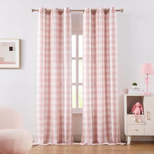 Jubilantex Buffalo Check Semi Sheer Curtain Panels Pink White Gingham Curtains Farmhouse Grommet Window Drapes for Living Room Bedroom 40"x95",2 Panels thumbnail 8