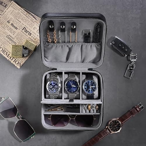 ProCase Travel Watch Case, 3 Slots Mens Jewelry Box -Black | PU Leather Storage Case for Watches, Cufflinks and Accessories, Zippered Carrying Organizer Bag for Man thumbnail 8