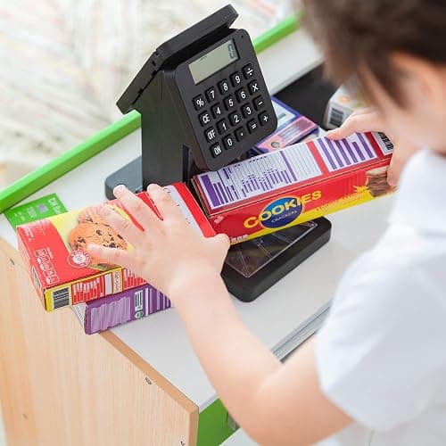 Teamson Kids Cashier Austin Interactive Wooden Play Market Stand with Lights and Sounds, Manual Conveyor Belt, Register and Display Spaces, Green and White Décor on Natural Wood | Manual Conveyor Belt, Scanner, Display Shelves, Green and Natural, Educational Toys for Toddlers Ages +3 thumbnail 8