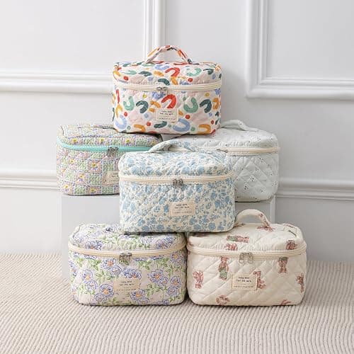 uekeboag Large Travel Quilted Makeup Bag for Women, Floral Cotton Cosmetic Bag, Coquette Aesthetic Floral Toiletry Organizer Bag thumbnail 4