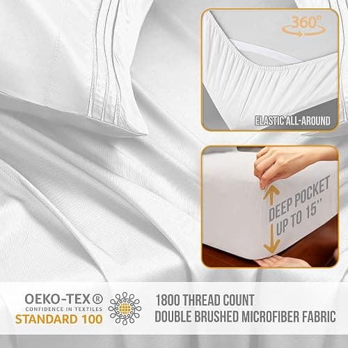 Abeero Home Queen Sheet Set - Luxury Hotel Bed Sheets - Soft Cooling Sheets with Elastic Corner Straps - Deep Pockets Microfiber Bedsheet - Bedding Sheet & Pillowcases - 4 Piece (Queen Size, White) thumbnail 2