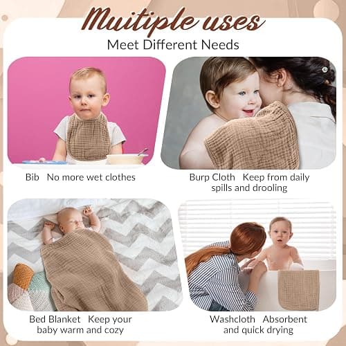 6 Pcs Muslin Hooded Bath Towels Washcloths Bibs Set,Dark Brown, Khaki | Cotton Baby Towels, Absorbent Hooded Blanket Towel, Bibs for Boys Girls Newborn Infant Essential Gifts thumbnail 5