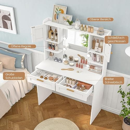 FIONESO Coiffeuse avec Grand Miroir，luminosité réglable,Table de Maquillage avec 2 Tiroirs et 2 Armoires, Moderne Coiffeuse, Blanc thumbnail 4