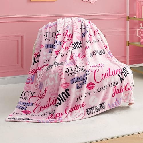 Juicy Couture Icon Collage 50" x 70" Plush Throw Blanket, Pink - Decorative Blankets for Sofas, Throws for Chairs, and Beds - Image 1