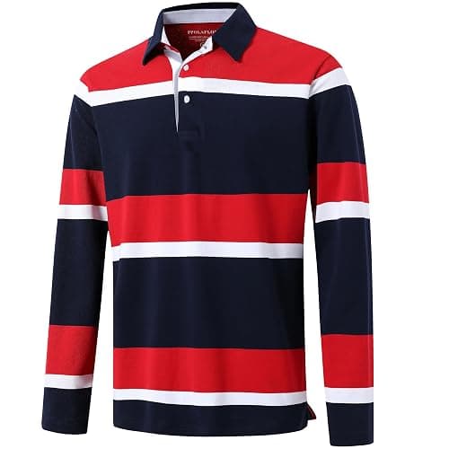 Men's Polo Shirts Long Sleeve Striped Dry Fit Casual Collared Pique Golf Polo Shirts for Mens - Image 1