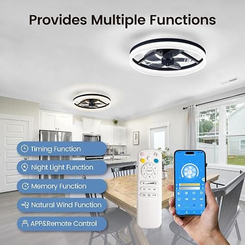 CubiCubi Modern Ceiling Fans, 20 Inch Black Ceiling Fan with Lights and Remote Control, APP, LED Fandelier with 3CCT and 6 Wind Speeds, Low Profile Ceiling Fans with Lights for Bedroom, Office thumbnail 3