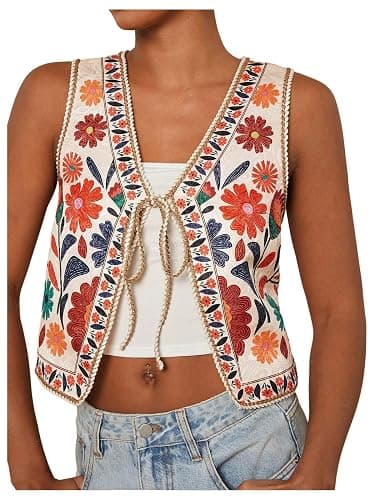 MakeMeChic Women's Floral V Neck Tank Top Sleeveless Tie Front Boho Vest - Image 1