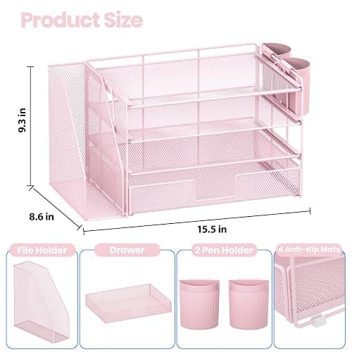 OPNICE Desk Organizer and Accessories, 4-Tier Desktop File Organizer with Drawer and 2 Pen Holders, Office Desk Accessories, File Sorters, Workspace Organizers for Office Supplies(Pink) thumbnail 2