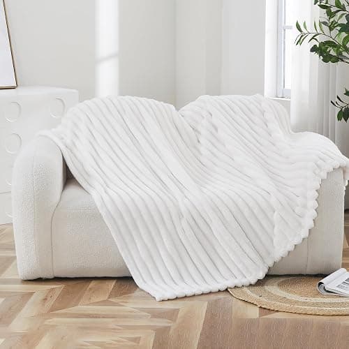 Taliska White Fleece Throw Blanket 50"x60" - Soft Cozy Fluffy Striped Blanket for Couch Sofa Travel, Lightweight Warm Throw Blankets for All-Season Home Decor thumbnail 2