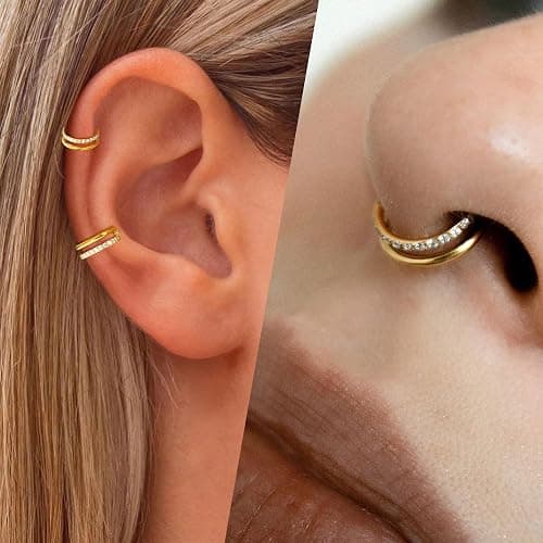 2 PCS Small Cartilage Double-Hoop Helix Conch Piercing Earrings With Cubic Zirconia For Women Trendy 14K Gold Plated Stainless Steel Sets Jewelry thumbnail 7