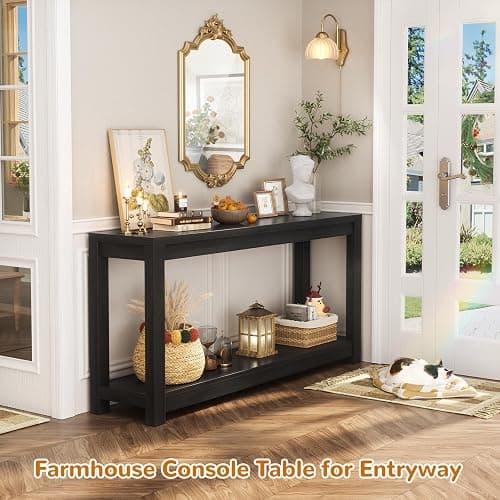 Besiost 47" Farmhouse Wood Entryway Table Narrow Console Table with Storage Behind Couch Sofa Table with Shelves for Entry Way with Open Storage, Easy Assembly, Embossed Wood Grain Black thumbnail 2