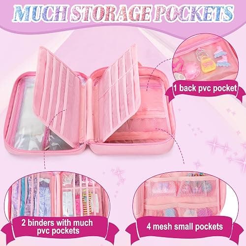 GRAOSO Carrying Case Compatible with Barbie Clothes, Doll Accessories Organizer Bag, 2 Front Transparent Windows, 2 Binders with Several Storage Pockets, Extra Pockets for Doll Stuff, Pink, Case Only thumbnail 4