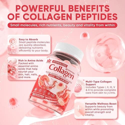 Collagen Peptide Gummies for Women & Men Sugar-Free, Multi Collagen Hydrolyzed w/ 1500mg Protein Type I,II,III,V,X, 5000mcg Biotin, Methylated B12, Vitamin C A E D3 B6 for Skin Hair Nails, Bone, 60Cts thumbnail 6