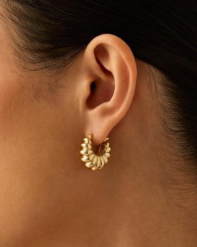 PAVOI 14K Gold Plated Ribbed Hoop Earrings for Women, Chunky Ridged Earring | Chunky Ridge Statement Earrings - Boho Puffy Croissant Huggie Hoops Trendy Gold Jewelry thumbnail 3